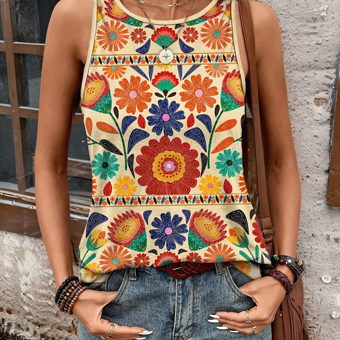 Sayuri - Floral Print Sleeveless T-Shirt