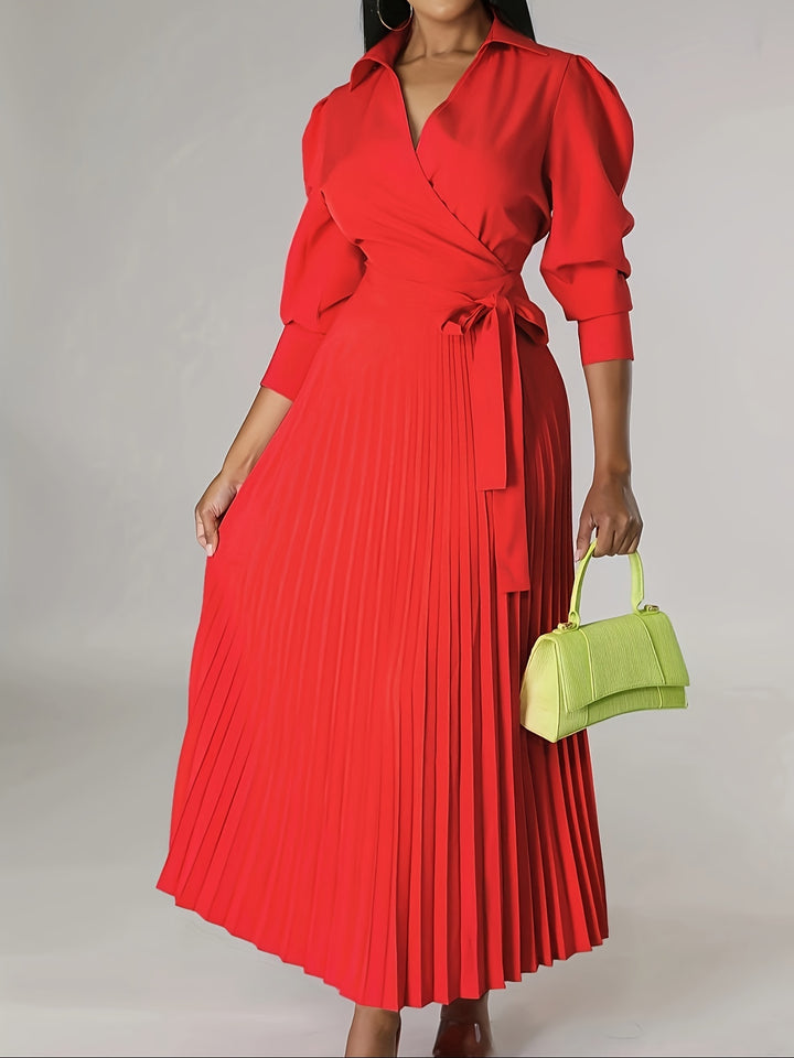 Ginna - Plain Pleated V-neck Dress