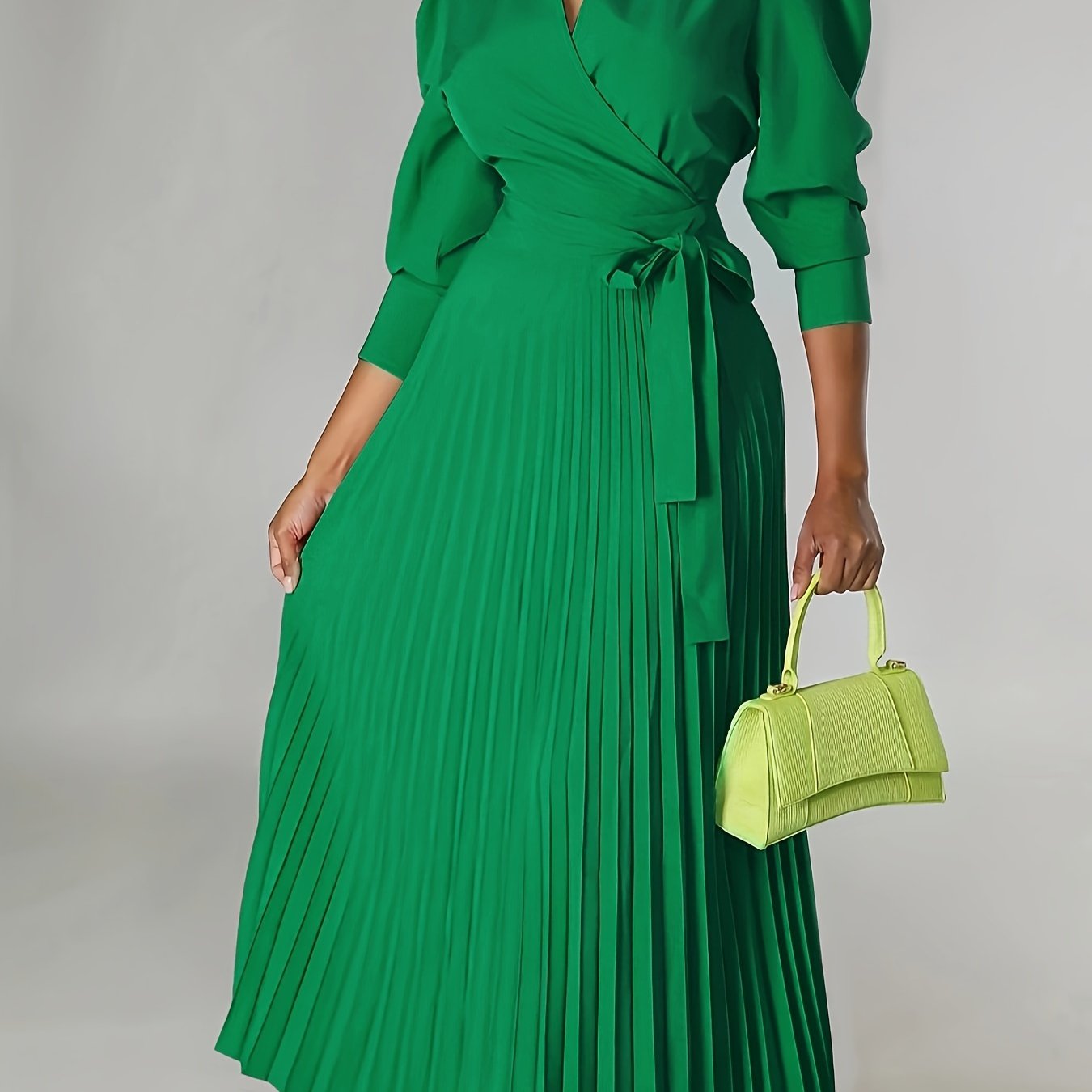 Ginna - Plain Pleated V-neck Dress
